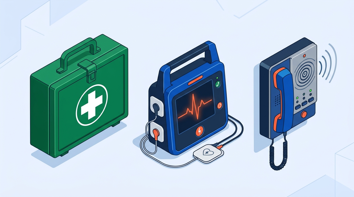 Trusă de prim ajutor, defibrilator automat AED și telefon de urgență 112